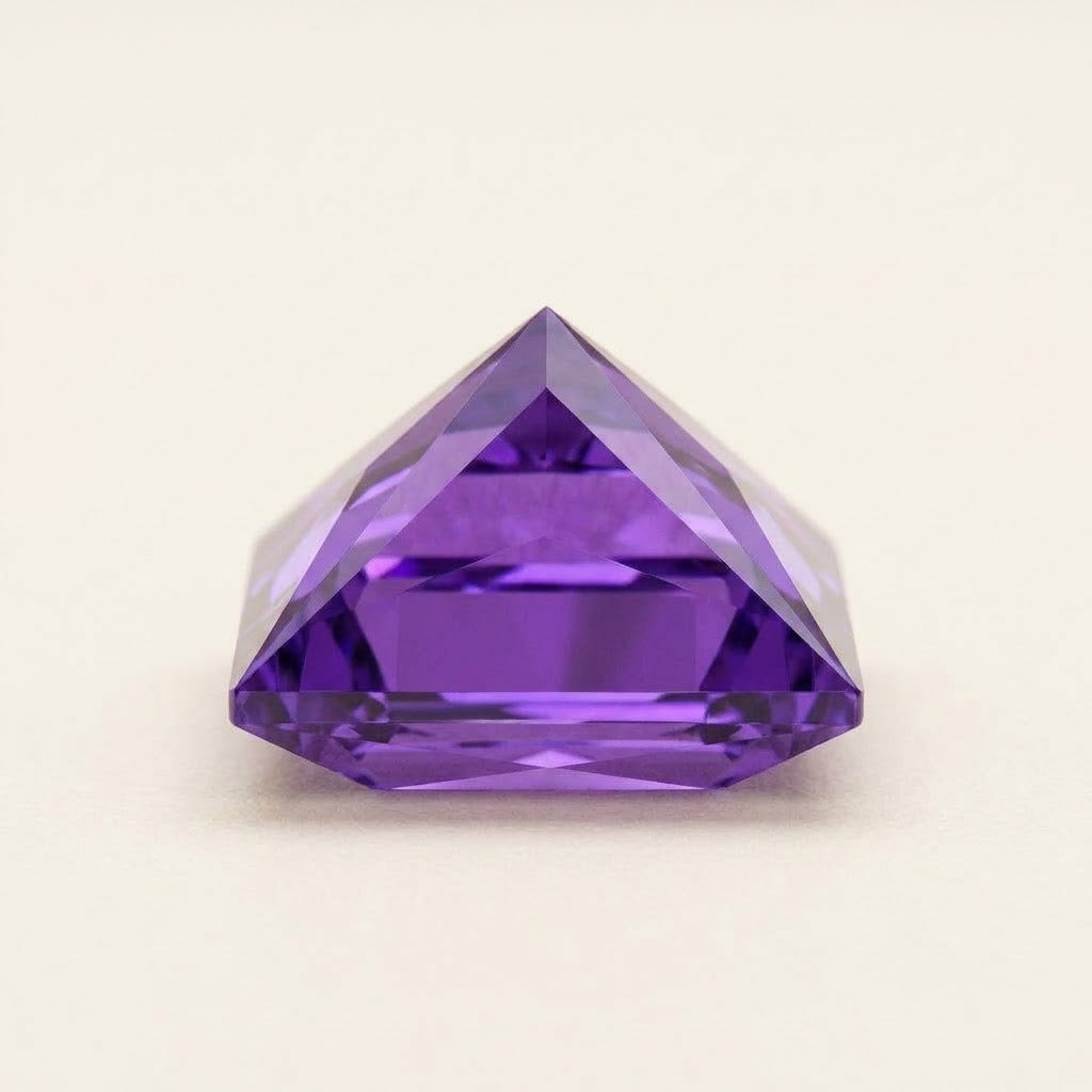 Purple lab-grown sapphire, princess cut, side view