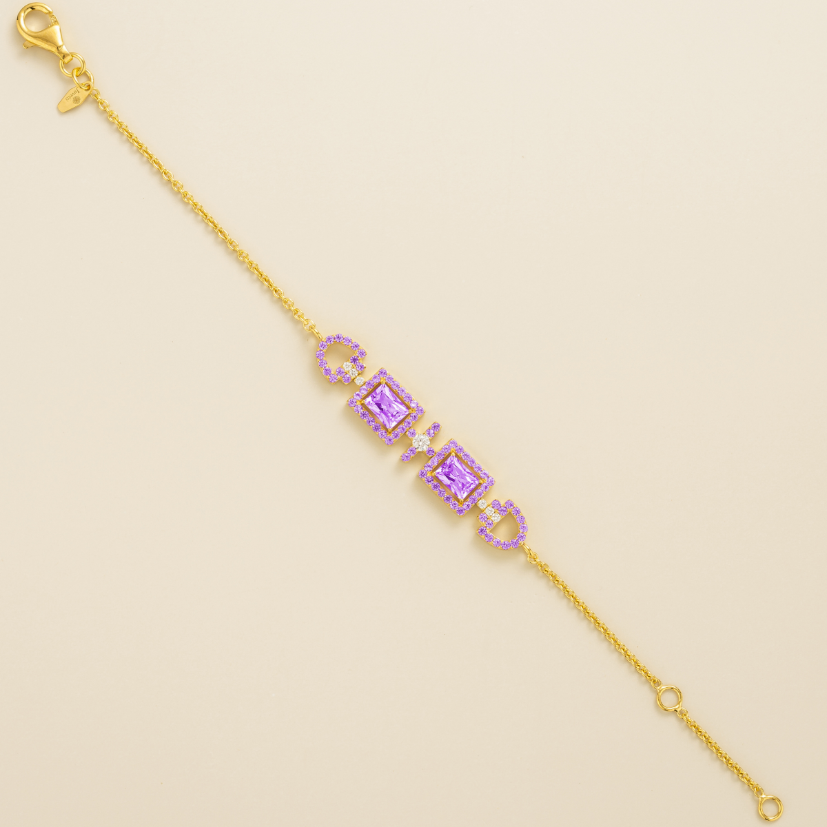 Ciceris purple sapphire Art Deco halo bracelet in gold, two emerald-cut lab-grown sapphires with diamonds, full length | Juvetti London
