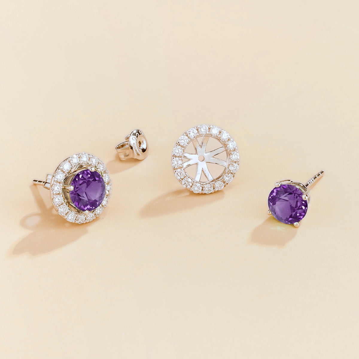 Floret round lab-grown purple sapphire and diamond halo stud earrings in white gold – apart | Juvetti London