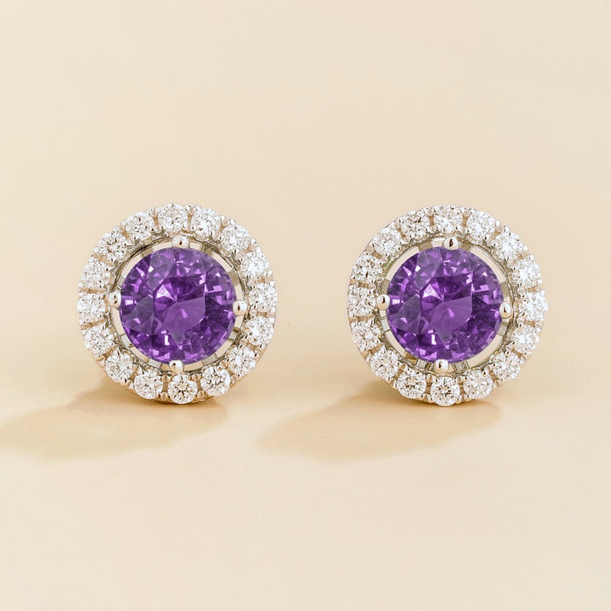 Floret round lab-grown purple sapphire and diamond halo stud earrings in white gold – front | Juvetti London