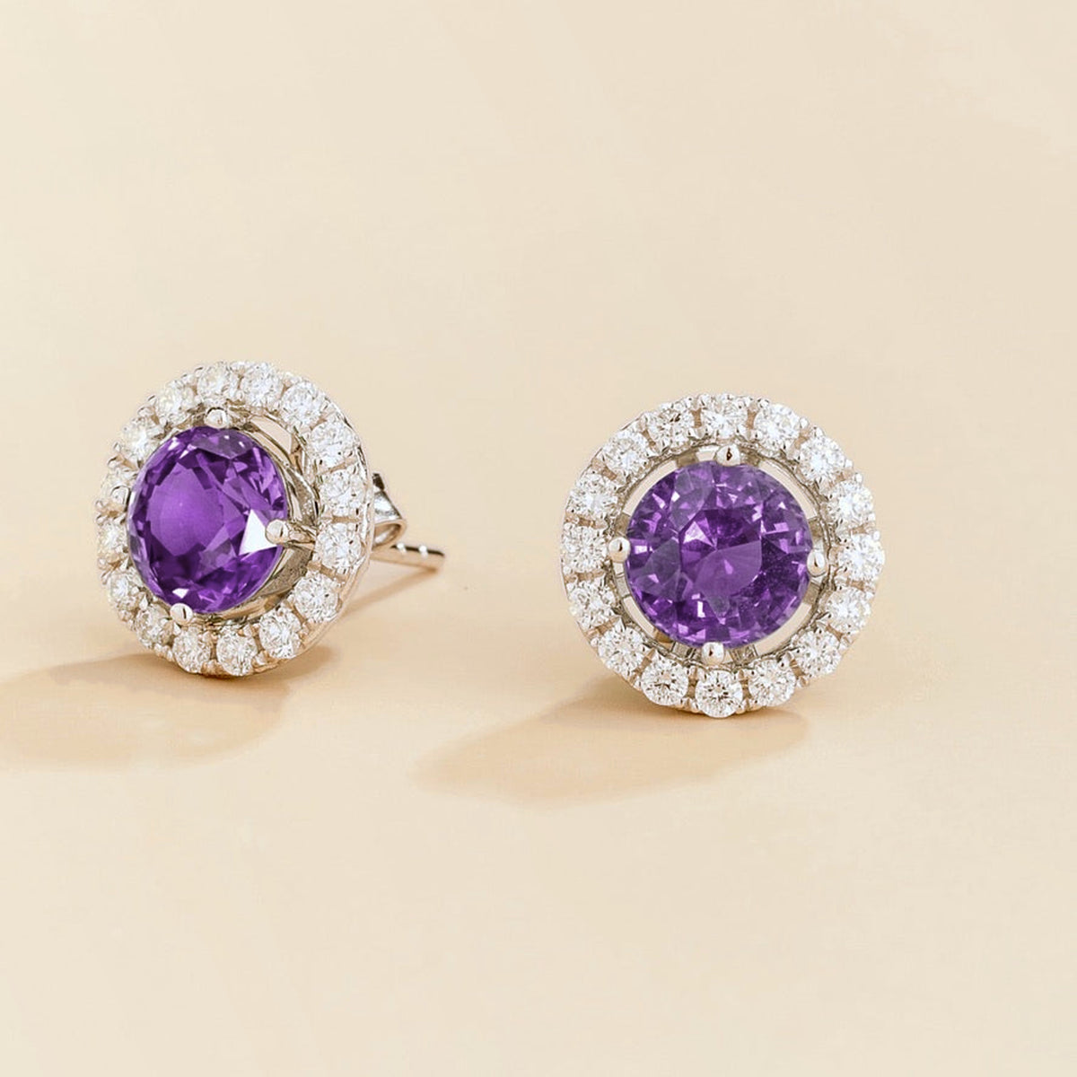 Floret round lab-grown purple sapphire and diamond halo stud earrings in white gold – side | Juvetti London