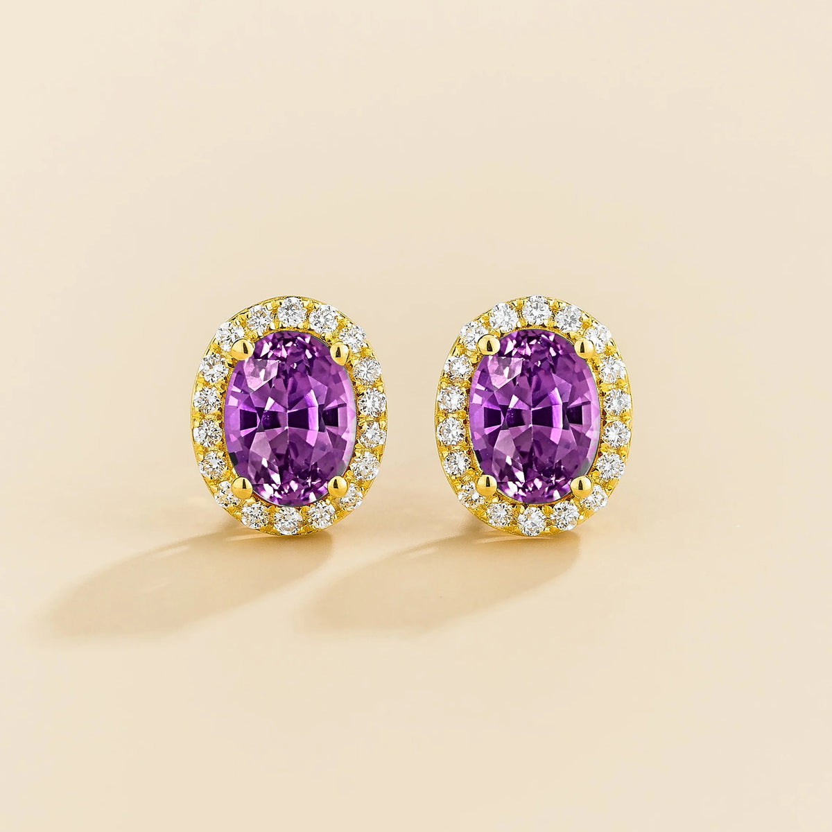 Lab-grown purple sapphire and diamond oval halo stud earrings in gold – front view | Mina by Juvetti