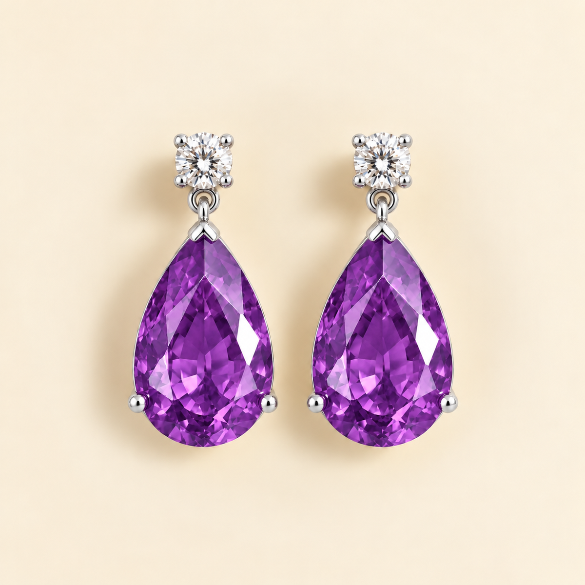 Pisa purple sapphire and diamond large pear drop earrings in white gold