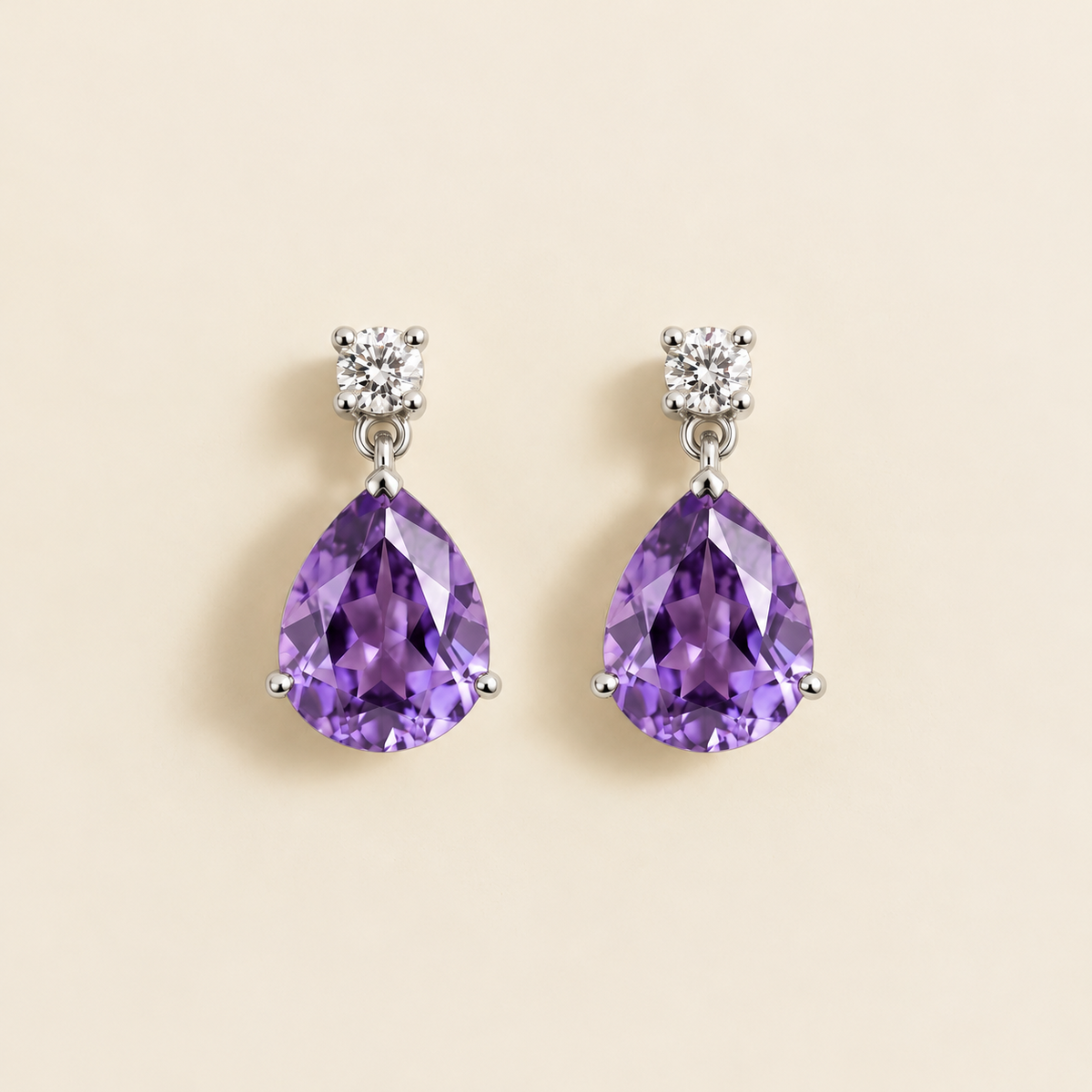 Medium lab-grown purple sapphire and diamond pear drop earrings in white gold – front view | Pisa by Juvetti