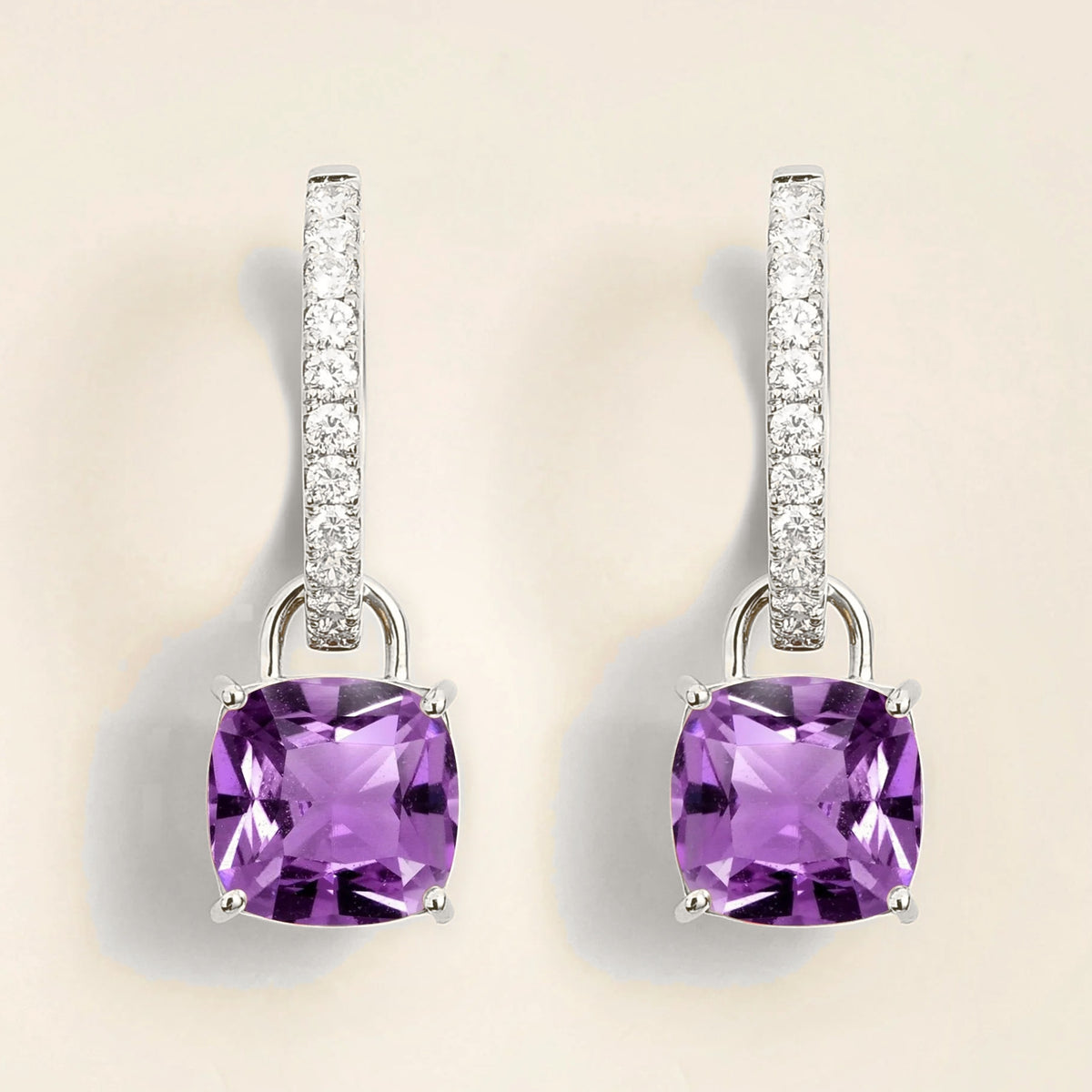 Roue Purple Sapphire Cushion Cut & Diamond Hoop Drop Earrings in White Gold
