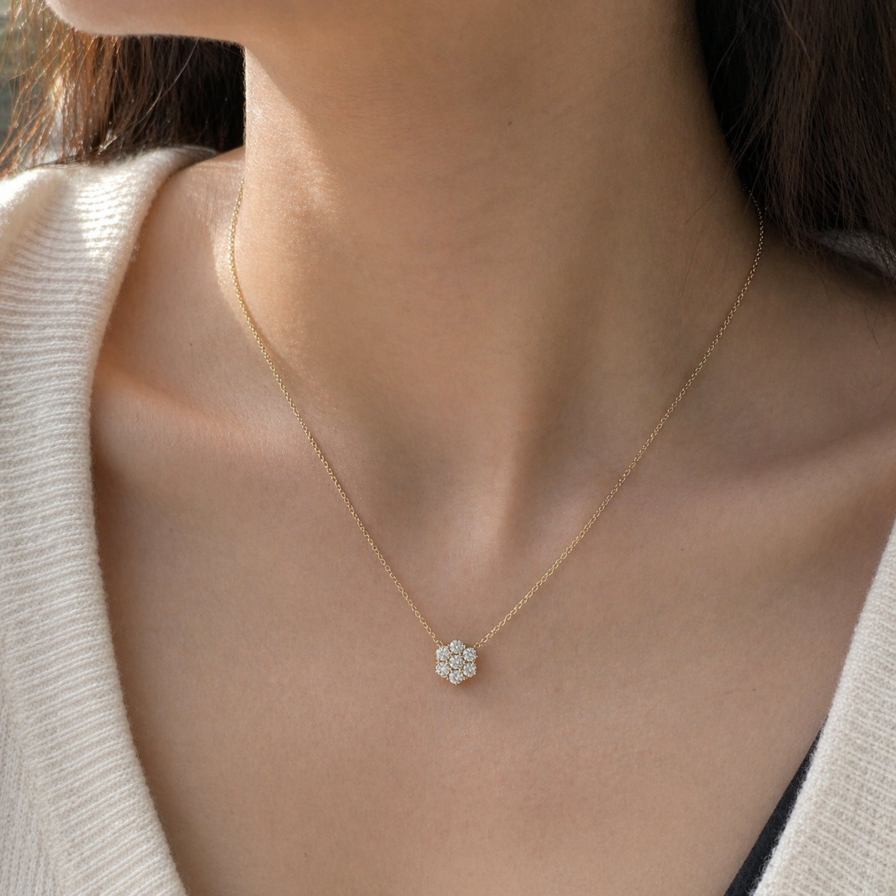 Model wearing the Cinq Purple Sapphire & Diamond Flower Pendant Necklace in Gold