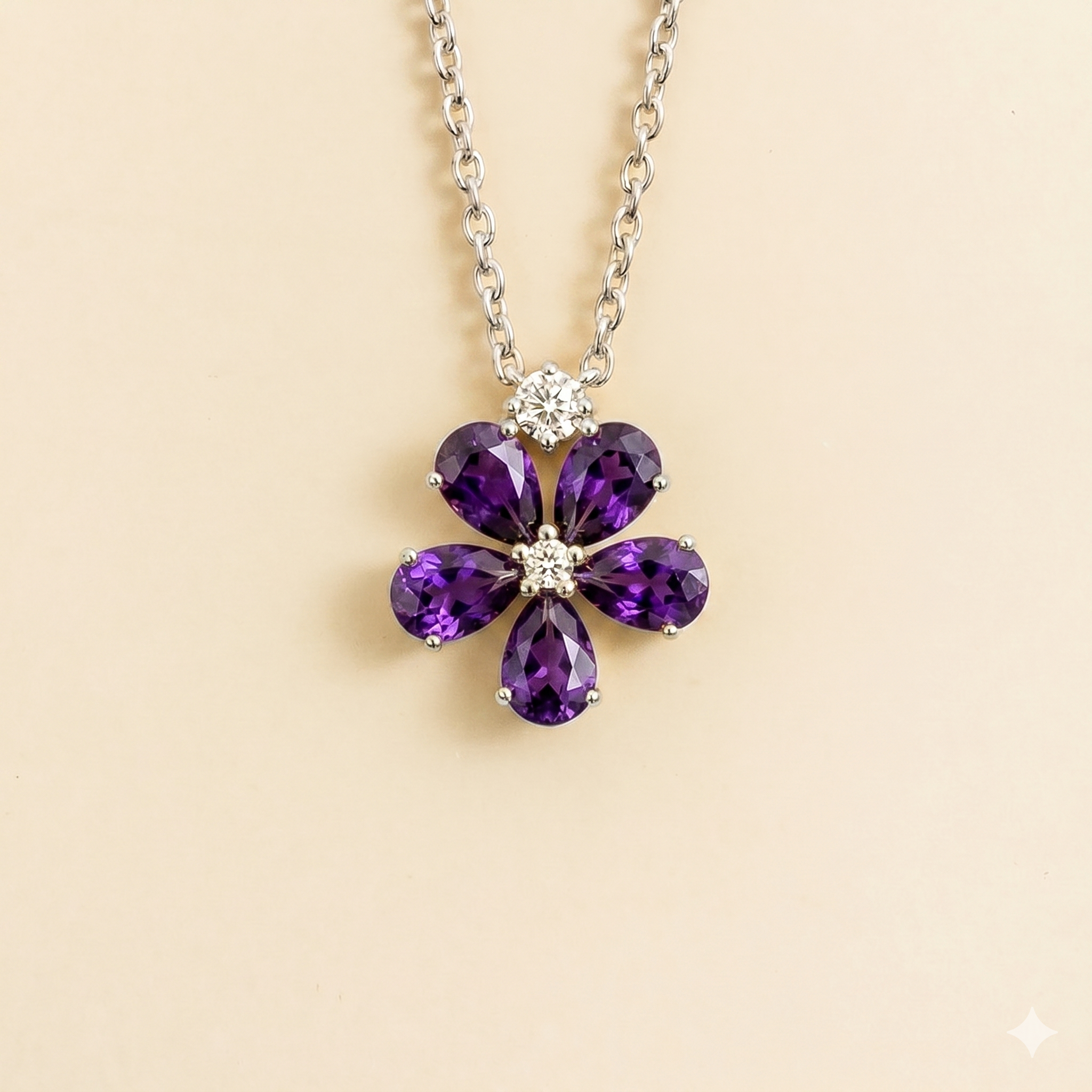 Florea Purple Sapphire & Diamond Flower Pendant Necklace in White Gold by Juvetti, bespoke jewellery London