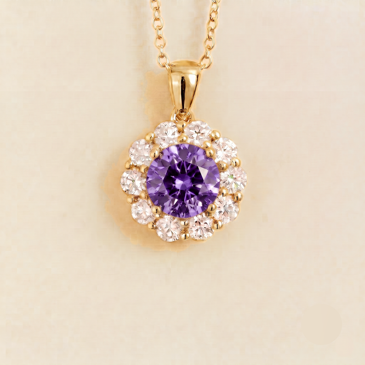 Floret round lab-grown purple sapphire and diamond halo pendant necklace in gold – front | Juvetti London