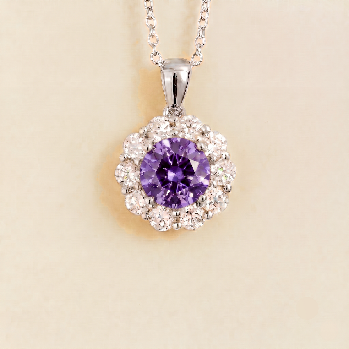 Floret round lab-grown purple sapphire and diamond halo pendant necklace in white gold – front | Juvetti London