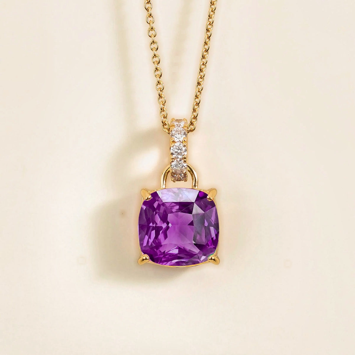 Roue Purple Sapphire Cushion Cut & Diamond Hoop Pendant Necklace in Gold by Juvetti London