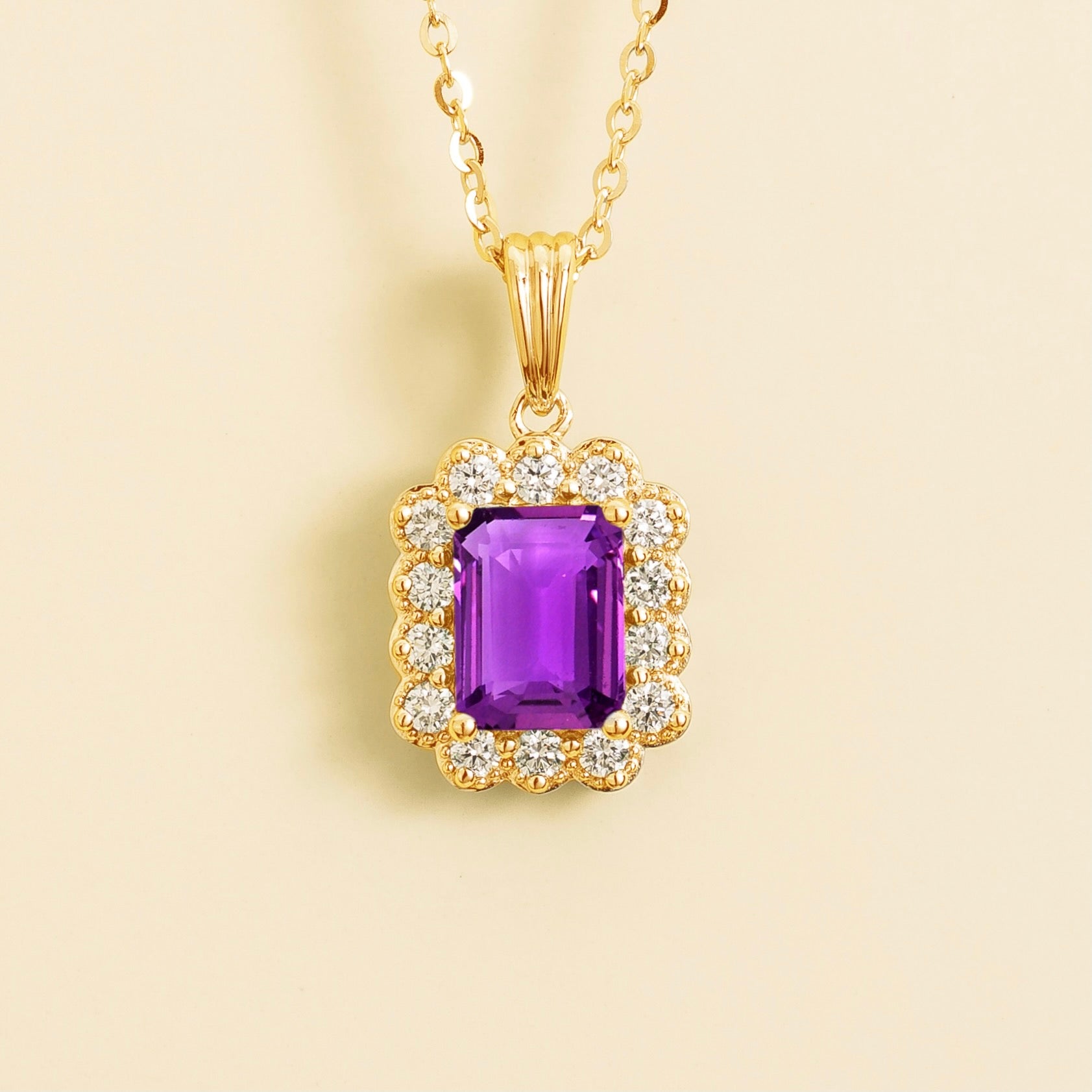 Verda Purple Sapphire Emerald-Cut & Diamond Halo Pendant Necklace in Gold by Juvetti, bespoke jewellery London