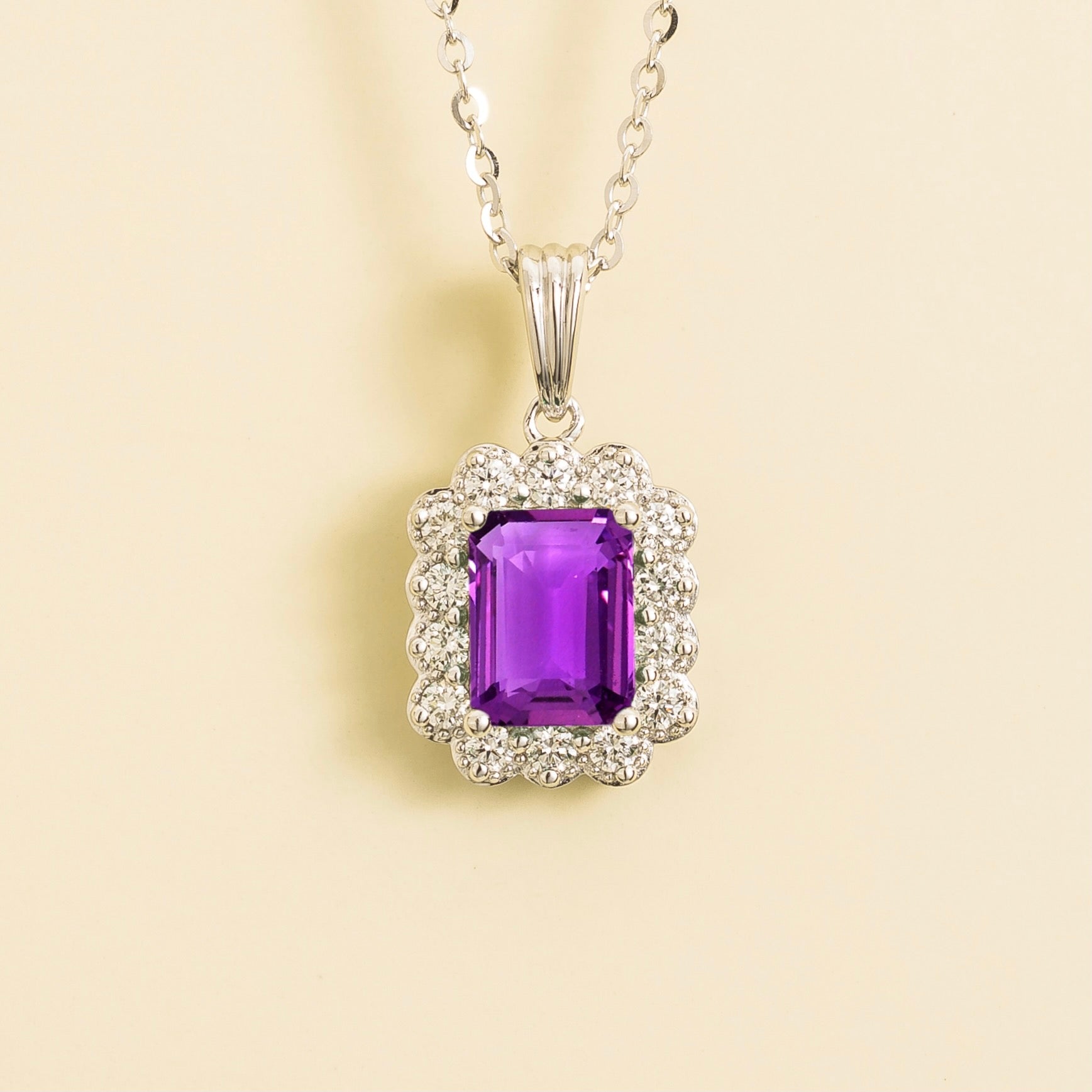 Verda Purple Sapphire Emerald-Cut & Diamond Halo Pendant Necklace in White Gold by Juvetti London