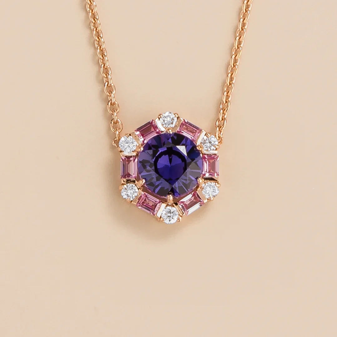 Melba Purple Sapphire, Pink Sapphire & Diamond Halo Pendant Necklace in Rose Gold | Juvetti