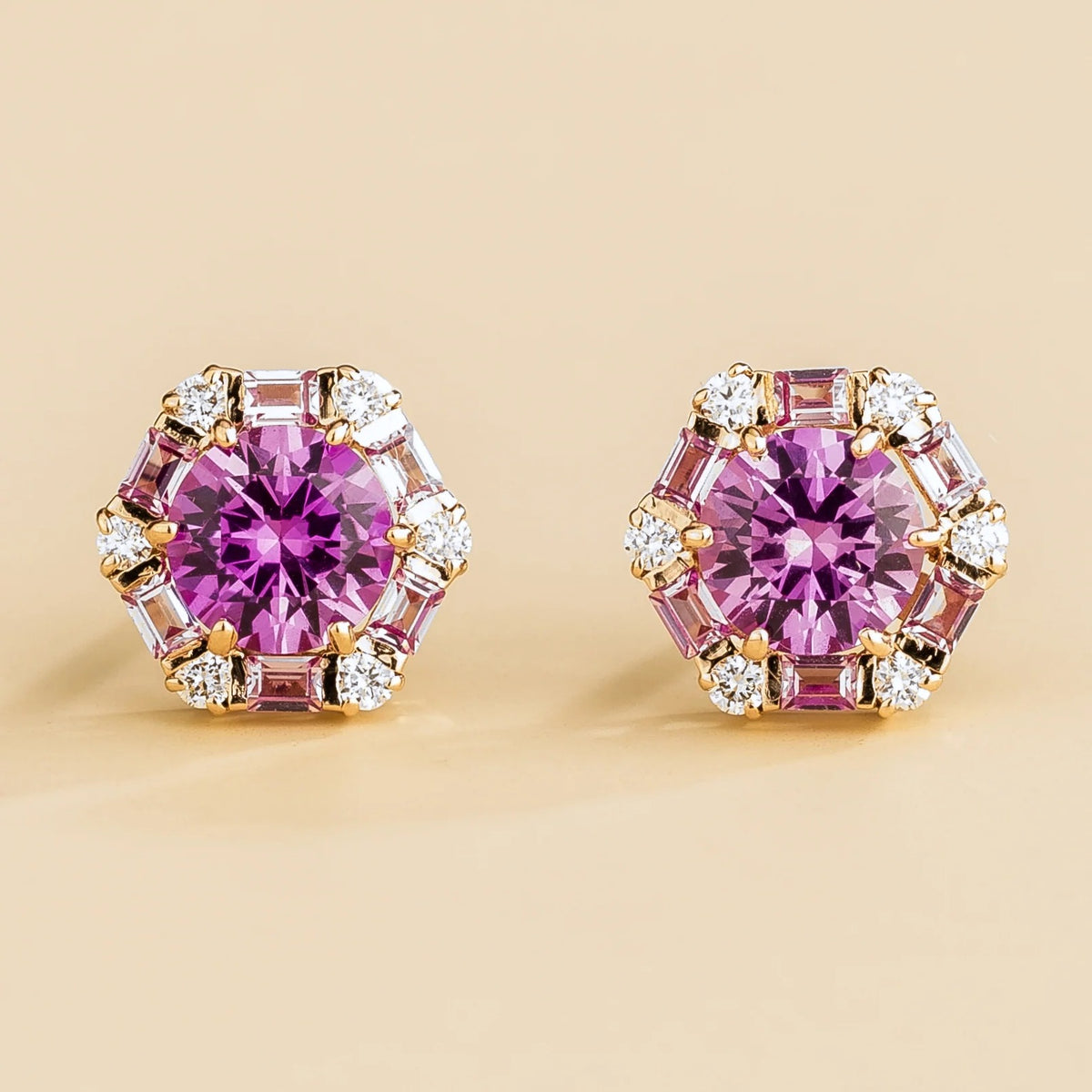 Melba Purple Sapphire, Pink Sapphire & Diamond Halo Stud Earrings in Rose Gold | Juvetti