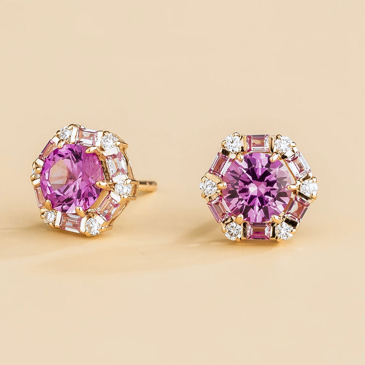 Melba Purple Sapphire, Pink Sapphire & Diamond Halo Stud Earrings in Rose Gold – angle view