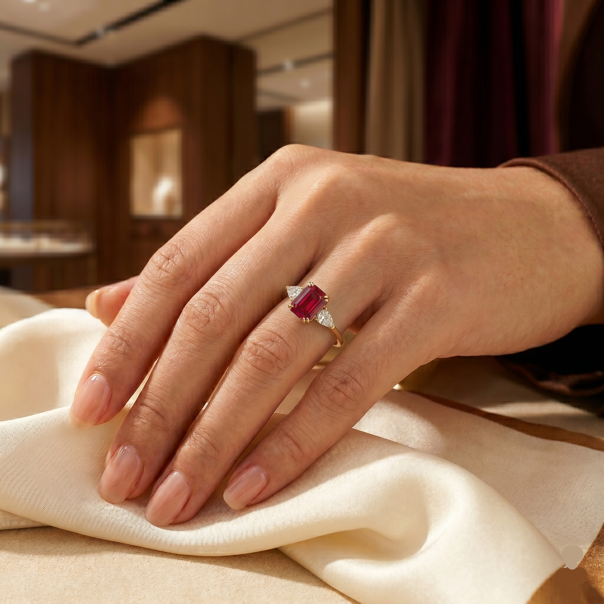 Model wearing the Ailes emerald cut ring, shown in the ruby colourway