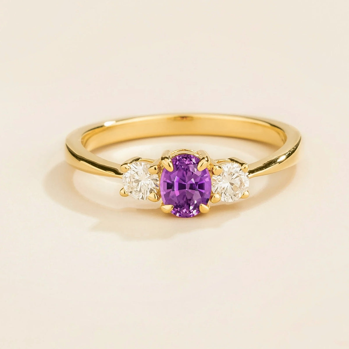 Boble Purple Sapphire Oval & Diamond Three-Stone Ring in Gold by Juvetti, bespoke jewellery London