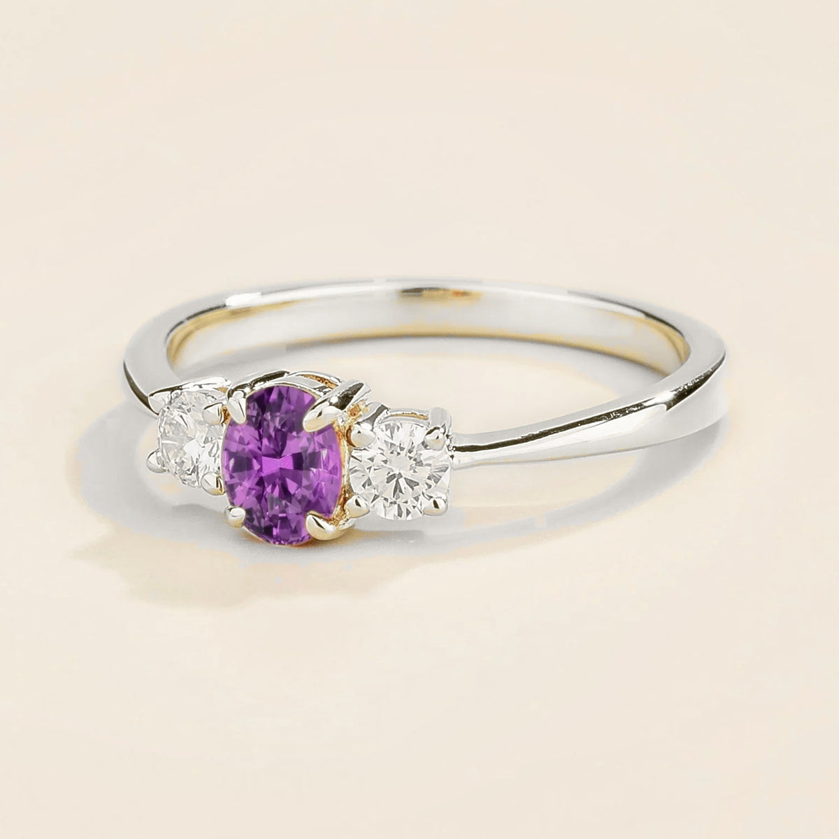 Boble Purple Sapphire Oval & Diamond Three-Stone Ring in White Gold, side angle