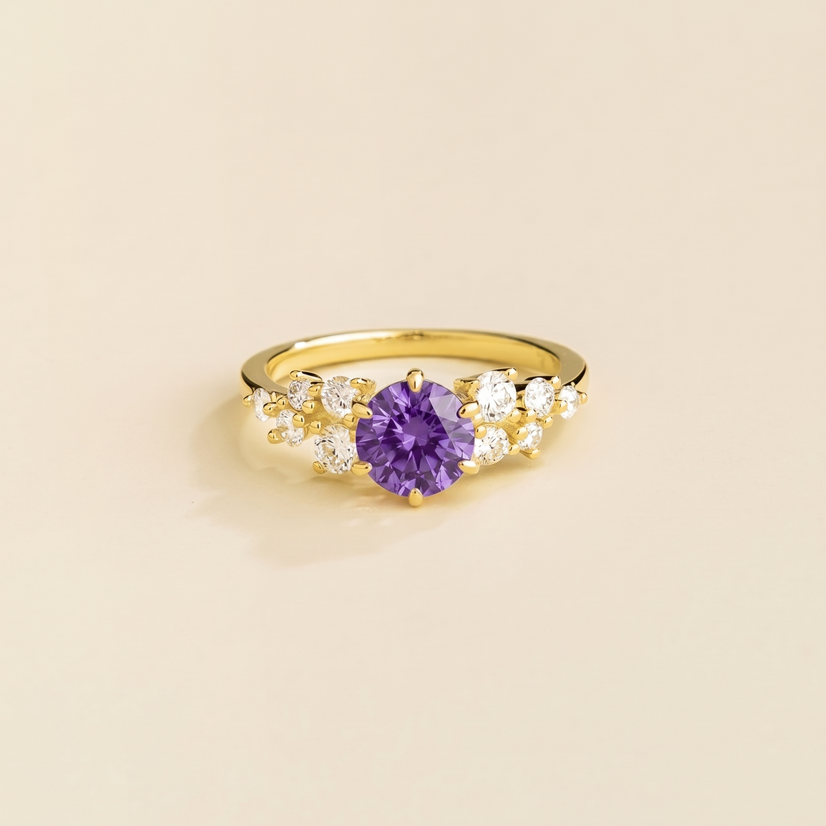 Floret round lab-grown purple sapphire and diamond cluster ring in gold – front | Juvetti London