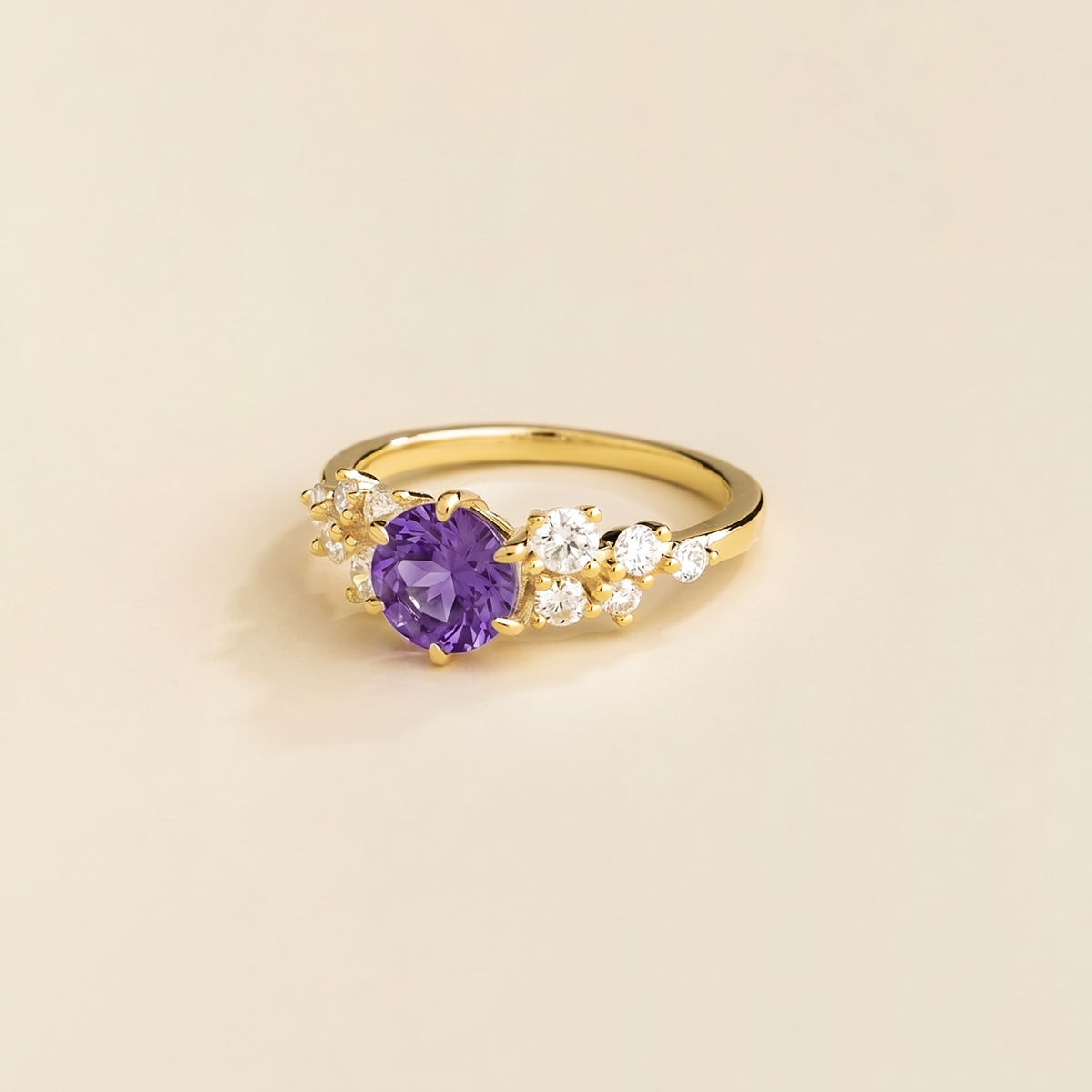 Floret round lab-grown purple sapphire and diamond cluster ring in gold – side | Juvetti London