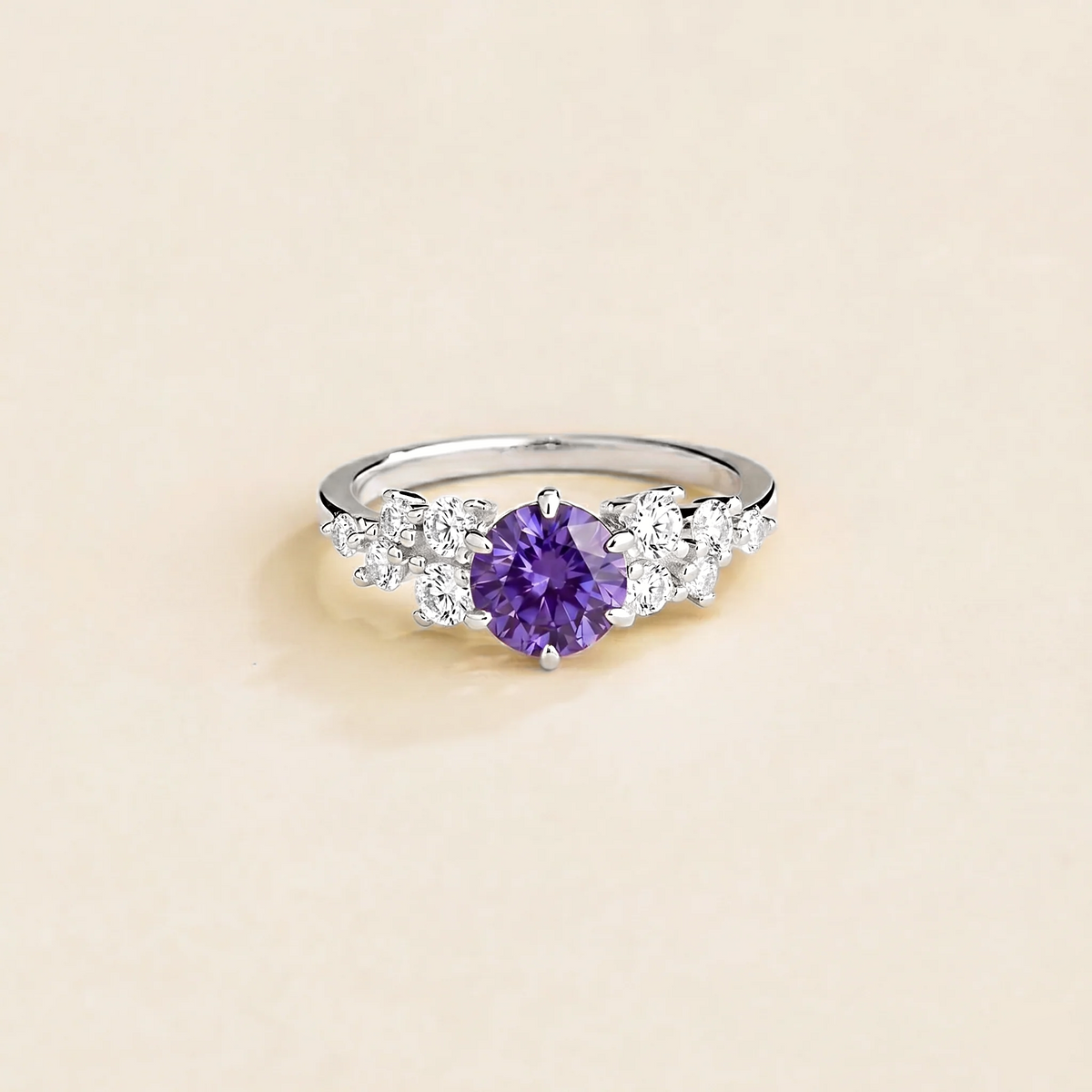 Floret round lab-grown purple sapphire and diamond cluster ring in white gold – front | Juvetti London