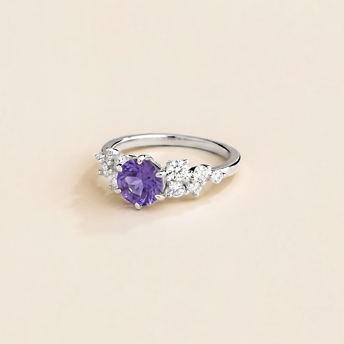 Floret round lab-grown purple sapphire and diamond cluster ring in white gold – side | Juvetti London