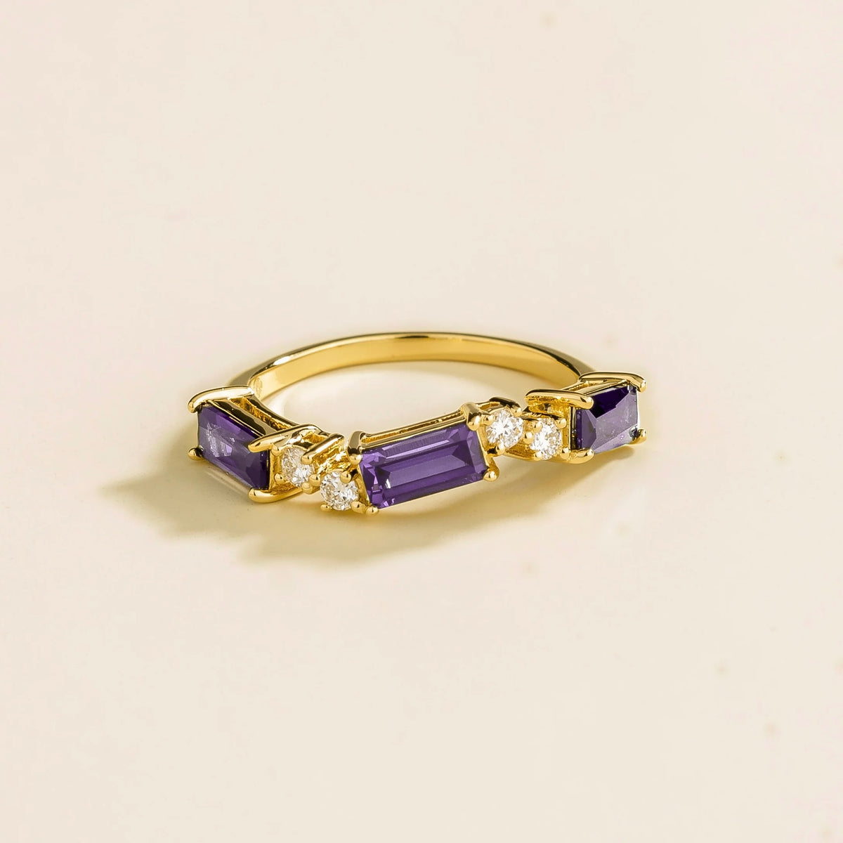 Forma Purple Sapphire & Diamond Baguette Cut Three-Stone Gold Ring by Juvetti London