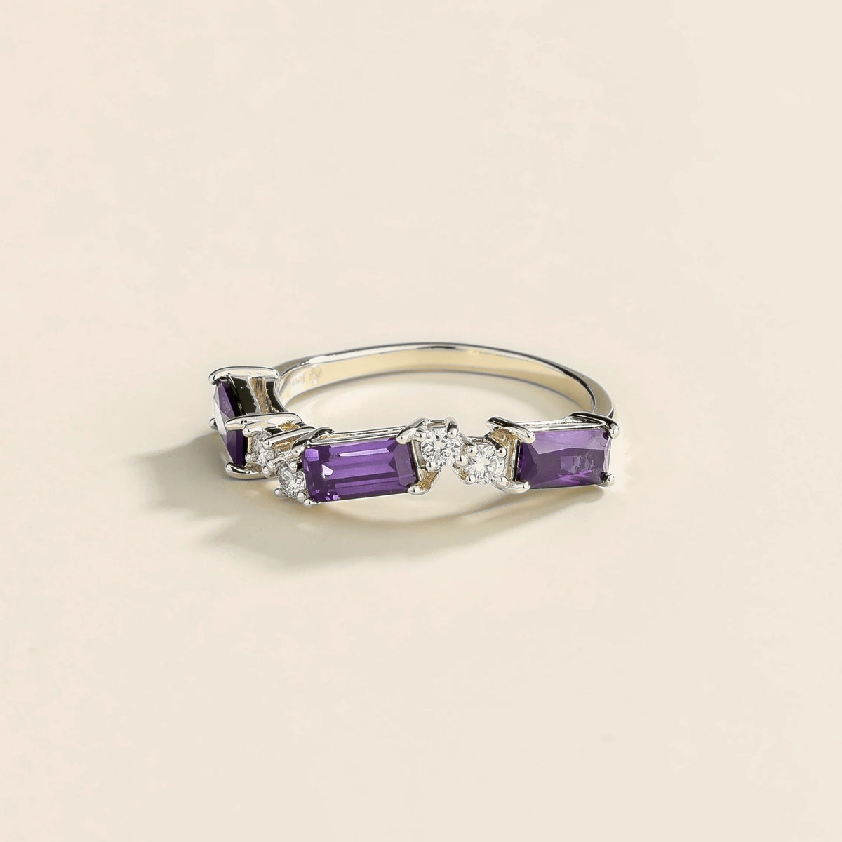 Forma Purple Sapphire & Diamond Baguette Cut Three-Stone White Gold Ring, side angle