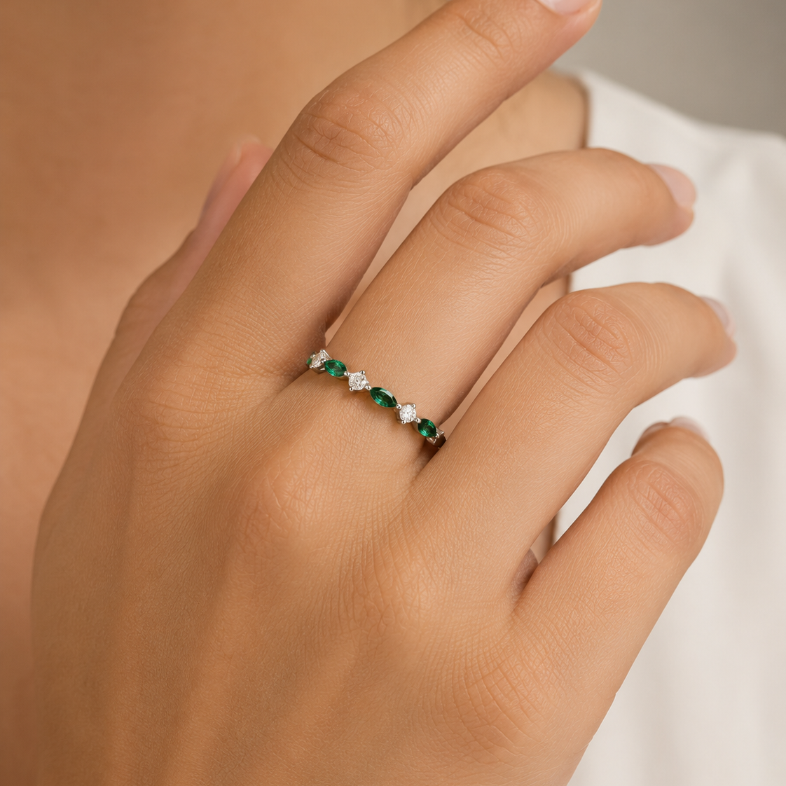 Marquise Emerald & Diamond Half Eternity Band White Gold Ring