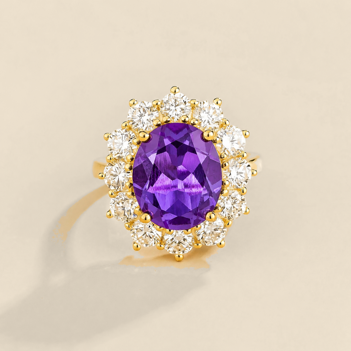 Front view of the Divo Purple Sapphire Oval & Diamond Halo Ring In Gold, handcrafted by Juvetti London