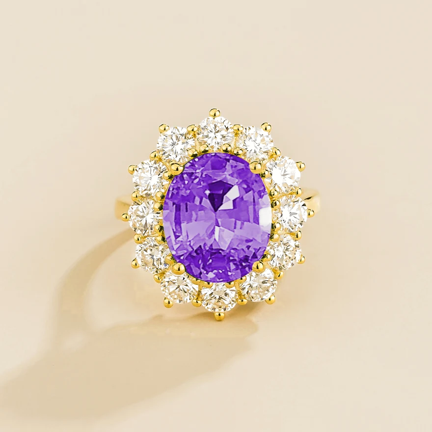 Front view of the Oda Purple Sapphire Oval & Diamond Halo Ring In Gold, handcrafted by Juvetti London