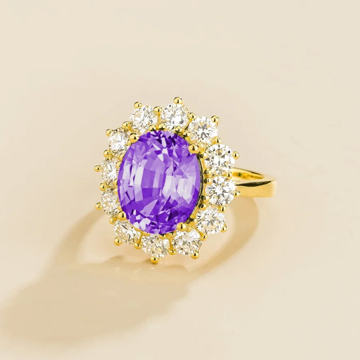 Oda Purple Sapphire Oval & Diamond Halo Ring In Gold, side angle