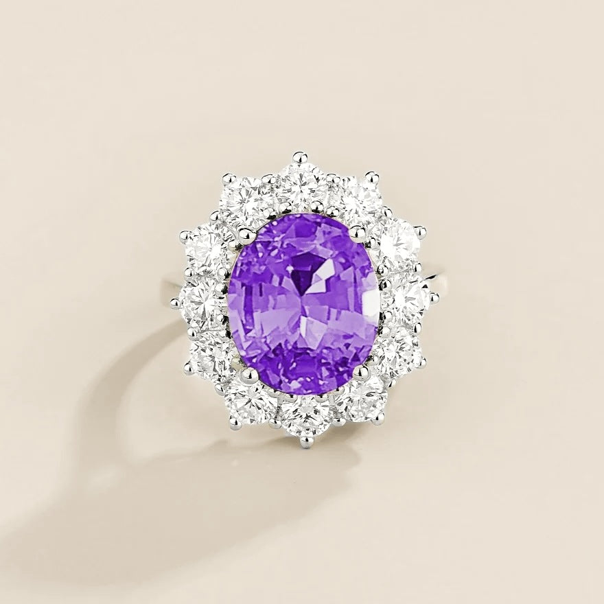 Oda Purple Sapphire Oval & Diamond Halo Ring In White Gold by Juvetti, bespoke jewellery London
