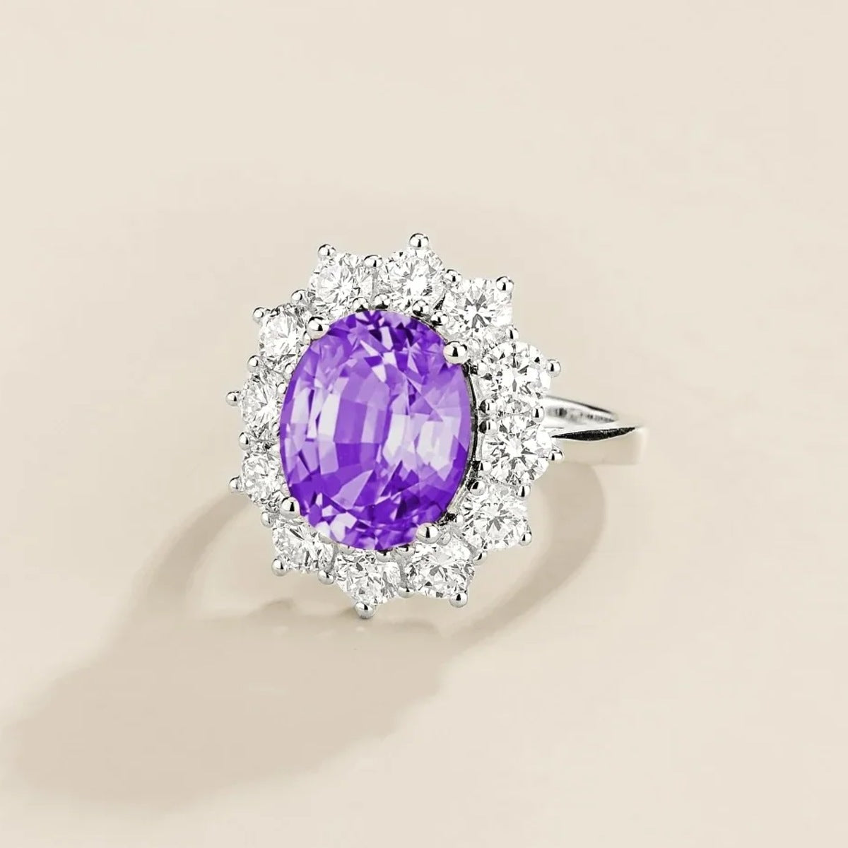 Angled view of the oval purple sapphire on the Oda ring in white gold, Juvetti jewellery
