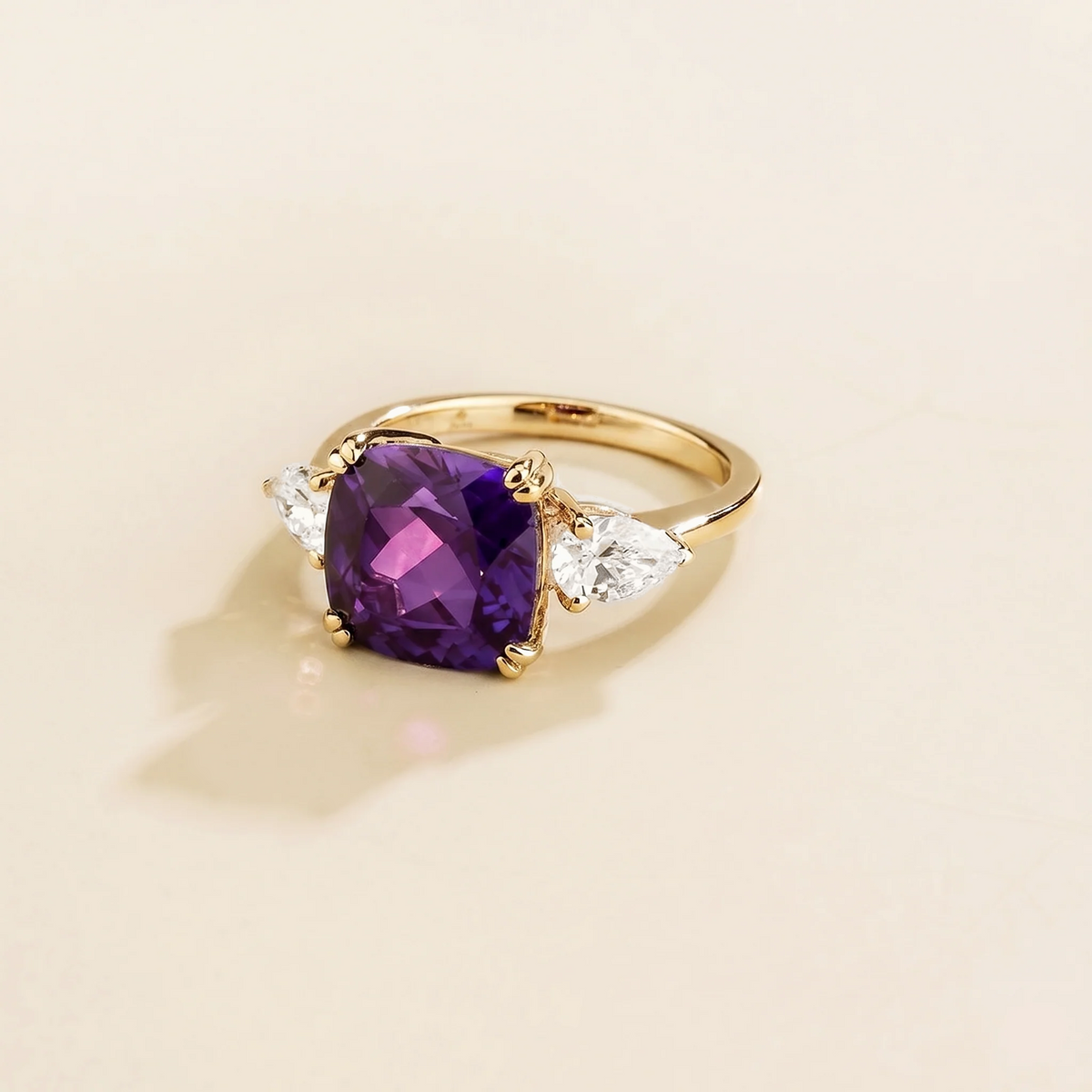 Roue Purple Sapphire Cushion Cut & Diamond Pear Cut Gold Ring, side angle