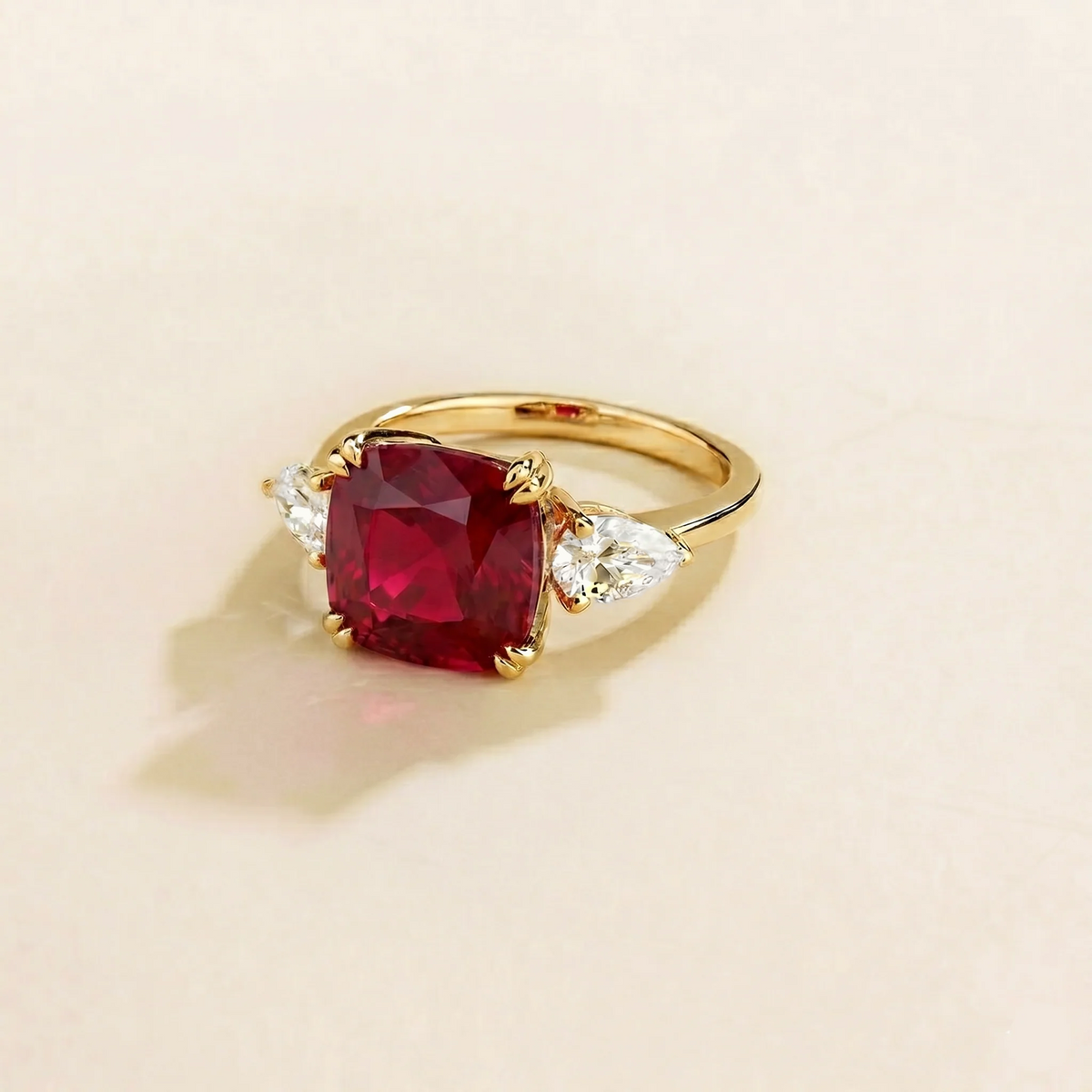 Cushion Cut Ruby & Pear Cut Diamond Ring in Gold