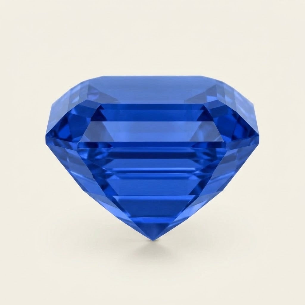 Royal blue lab-grown sapphire, Asscher cut, side view