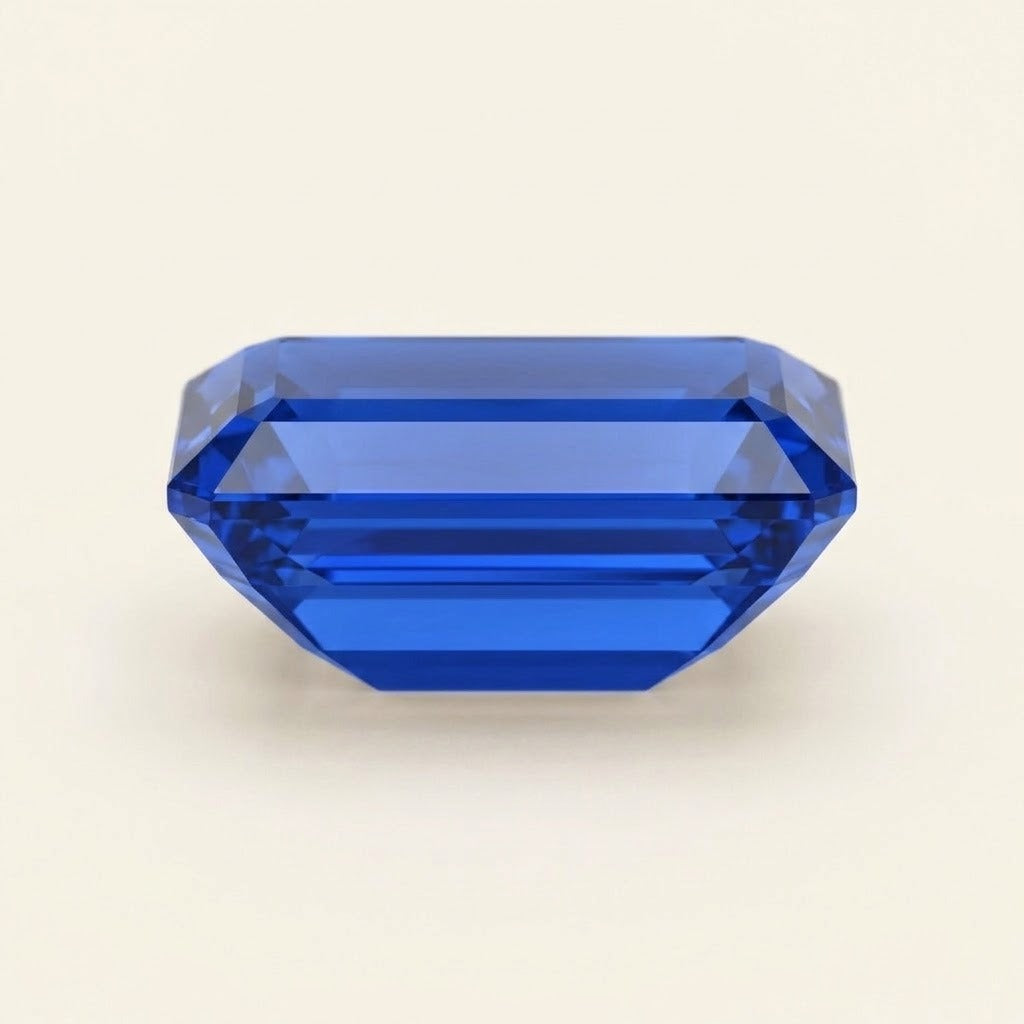 Royal blue lab-grown sapphire, baguette cut, side view