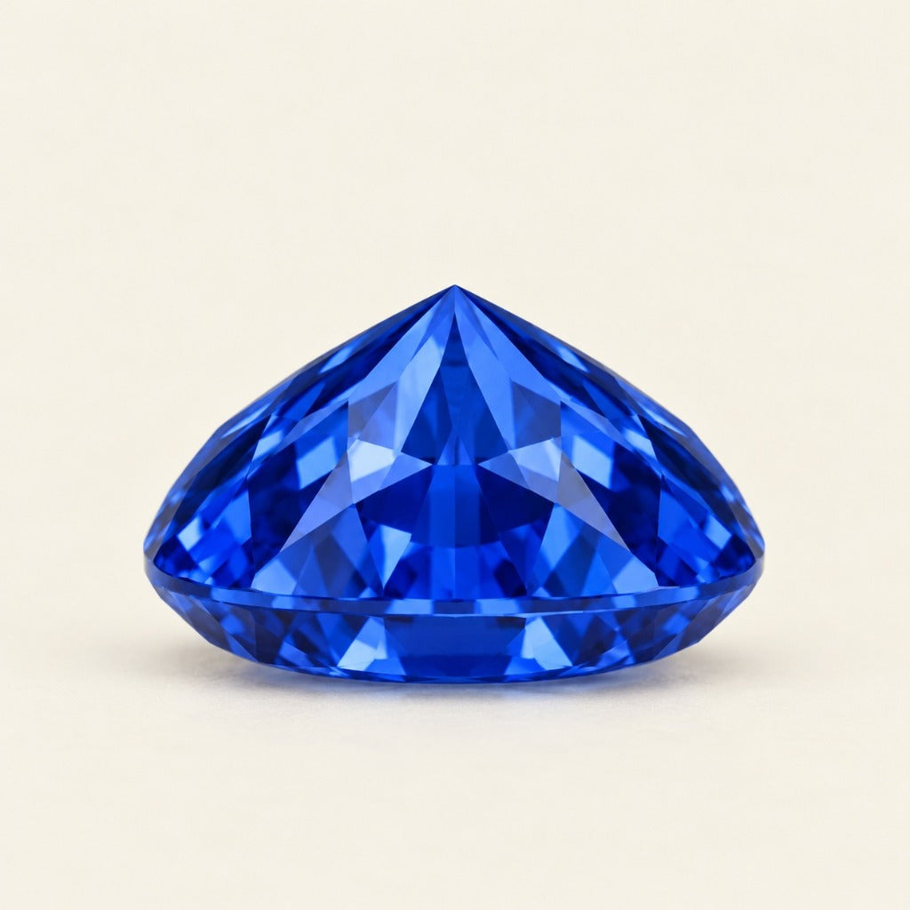 Royal blue lab-grown sapphire, cushion cut, side view