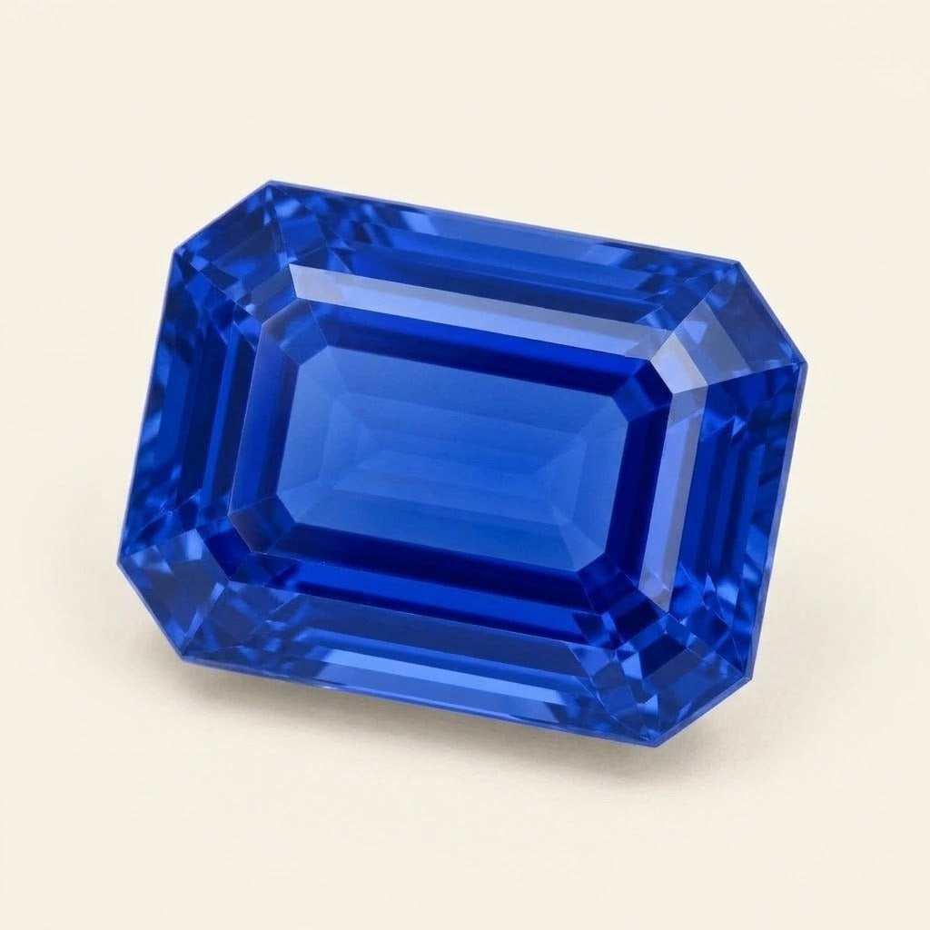 Royal blue lab-grown sapphire, emerald cut, 45° view