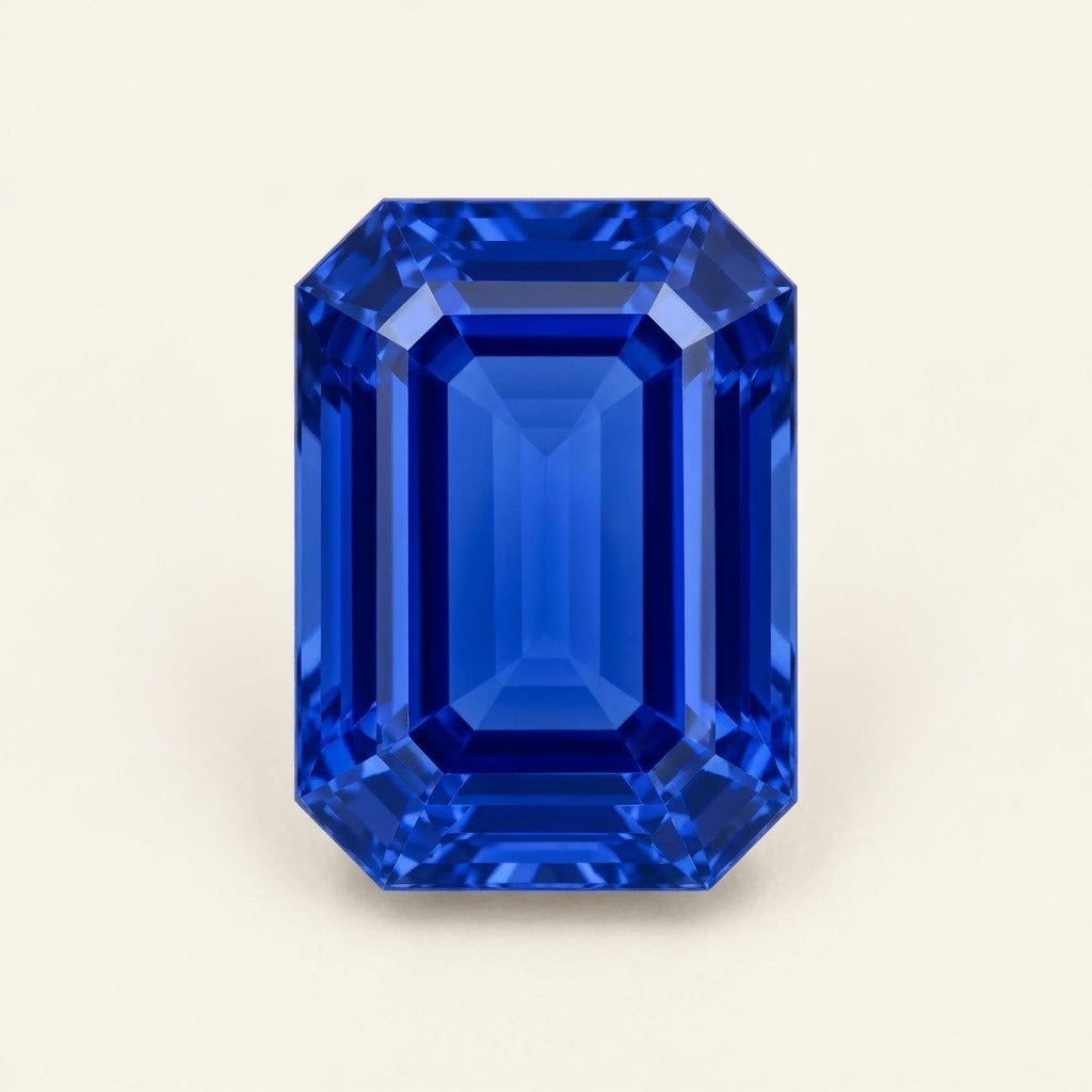 Royal blue lab-grown sapphire, emerald cut