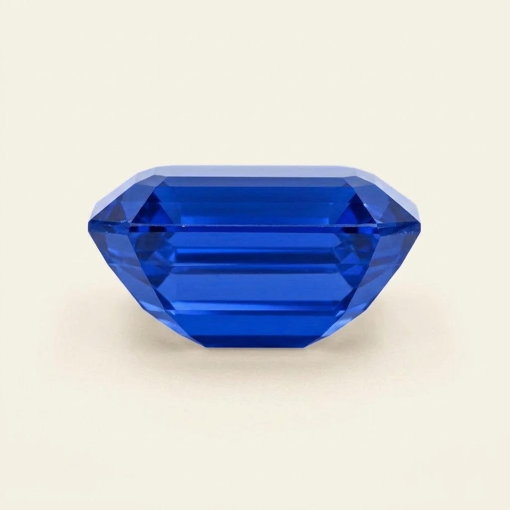 Royal blue lab-grown sapphire, emerald cut, side view