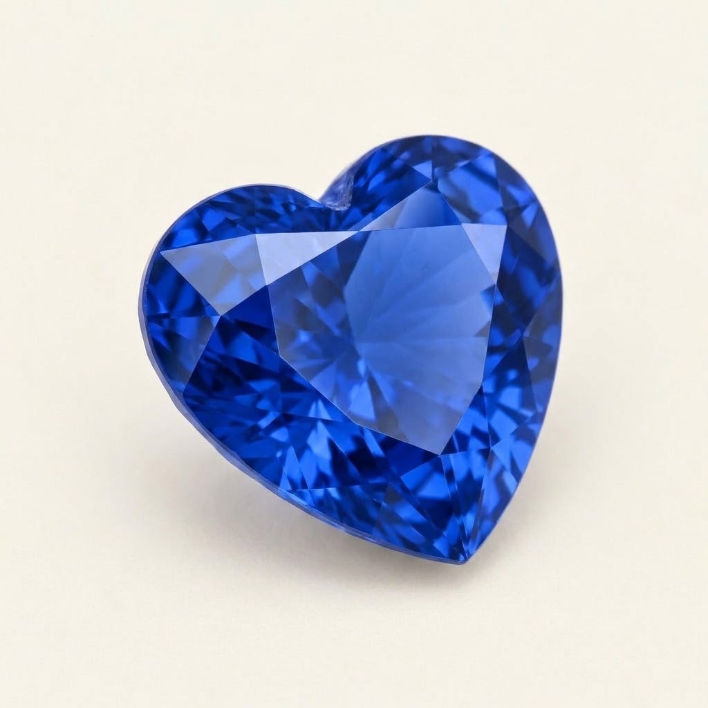 Royal blue lab-grown sapphire, heart cut, 45° view