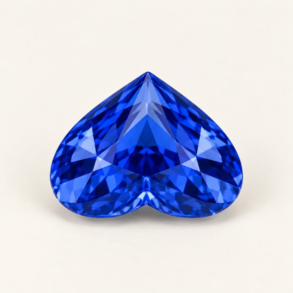 Royal blue lab-grown sapphire, heart cut, side view