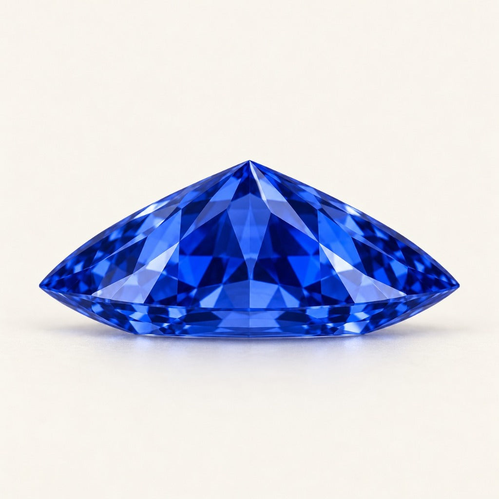 Royal blue lab-grown sapphire, marquise cut, side view