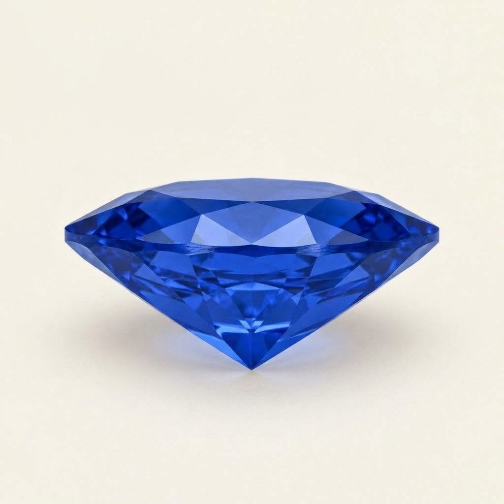 Royal blue lab-grown sapphire, marquise cut, side view