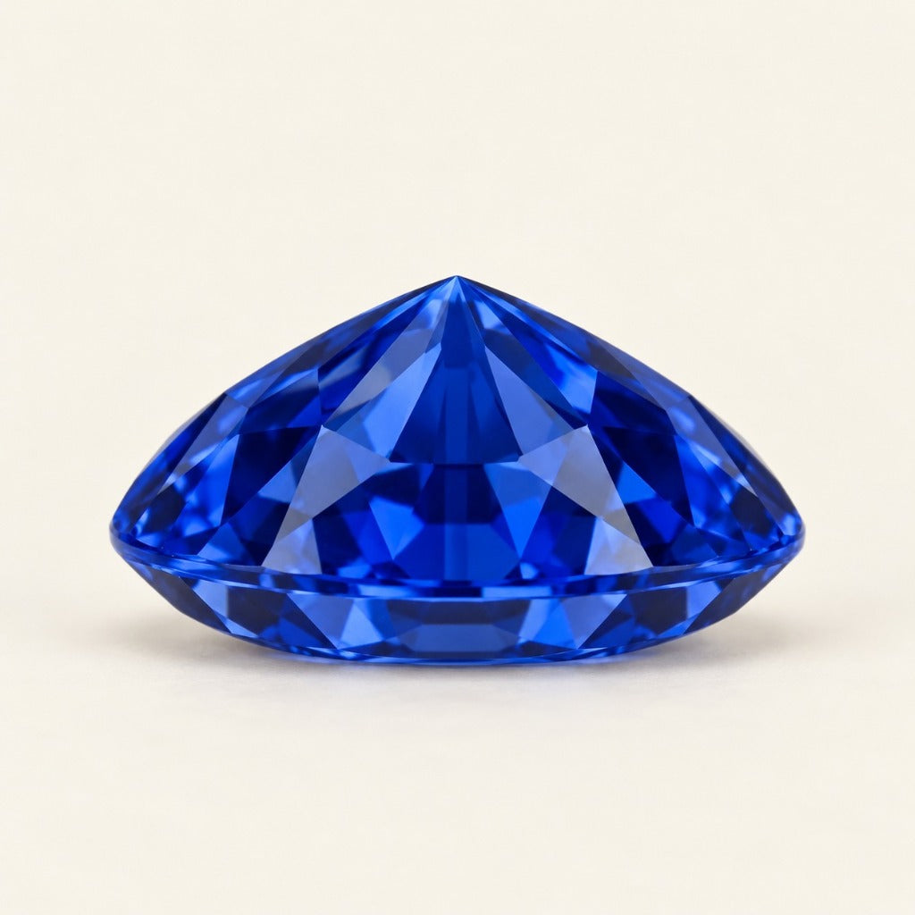 Royal blue lab-grown sapphire, oval cut, side view