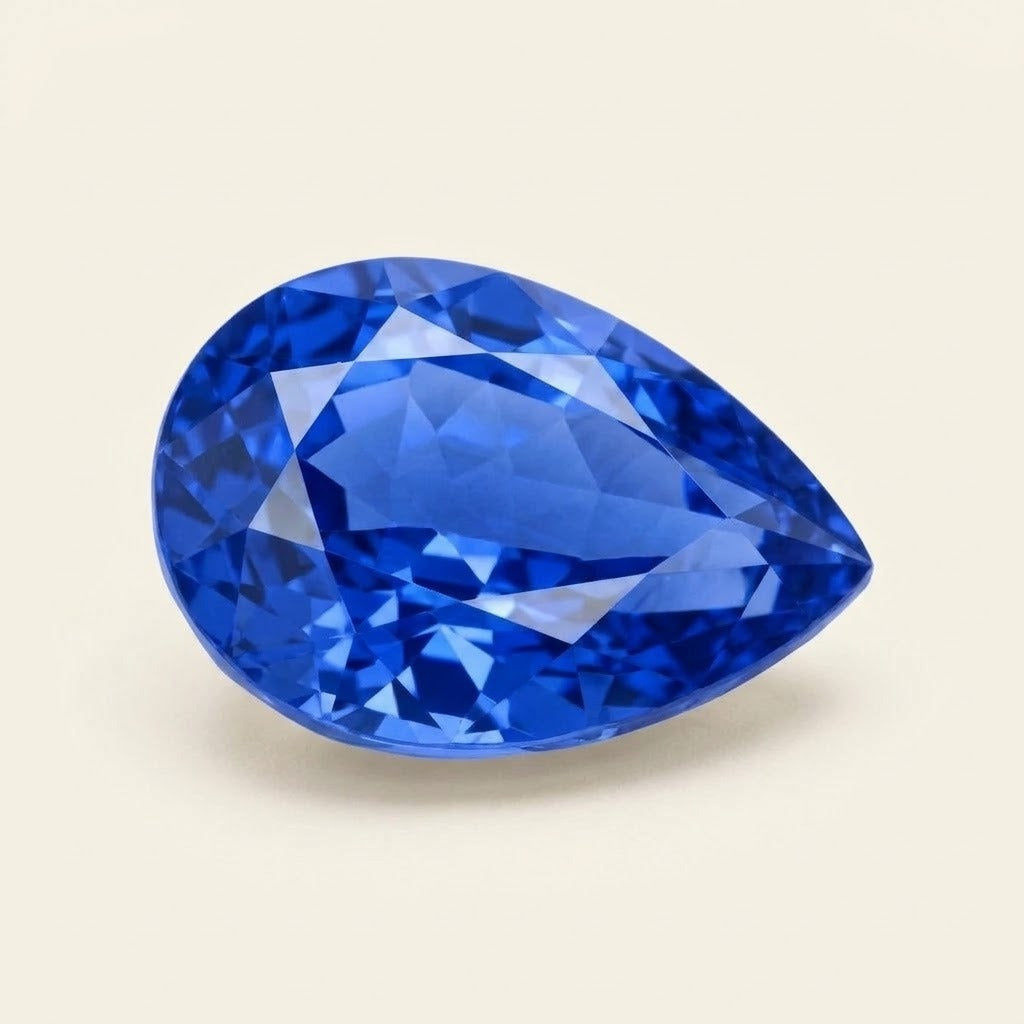 Royal blue lab-grown sapphire, pear cut, 45° view