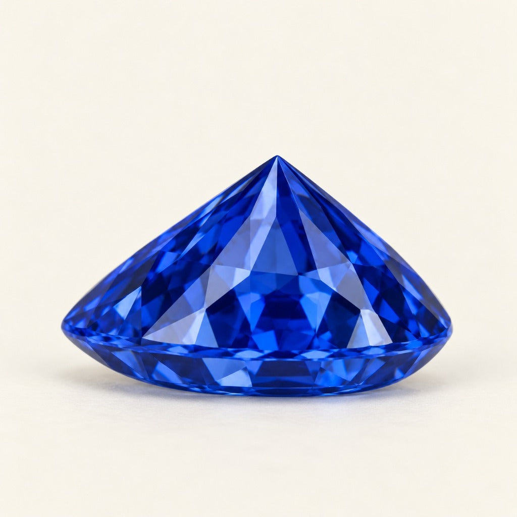 Royal blue lab-grown sapphire, pear cut, side view