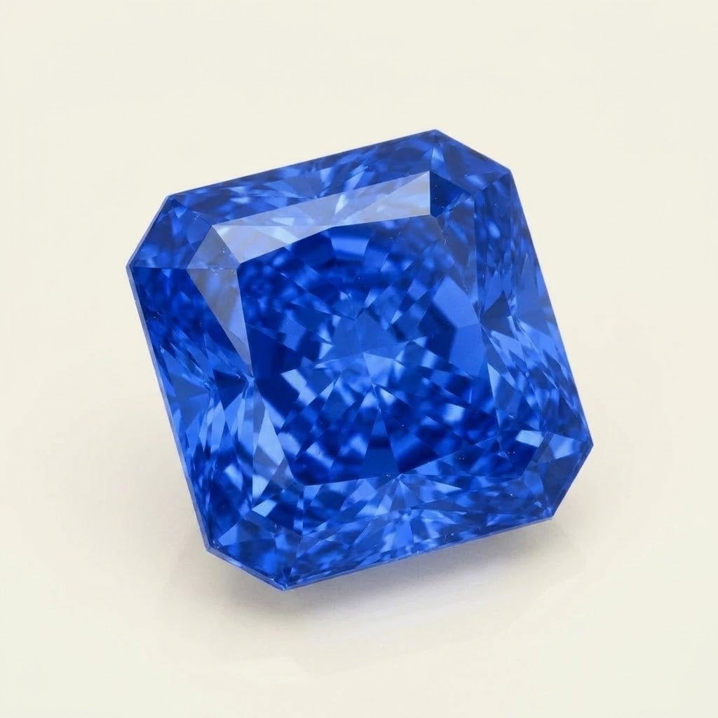 Royal blue lab-grown sapphire, radiant cut, 45° view